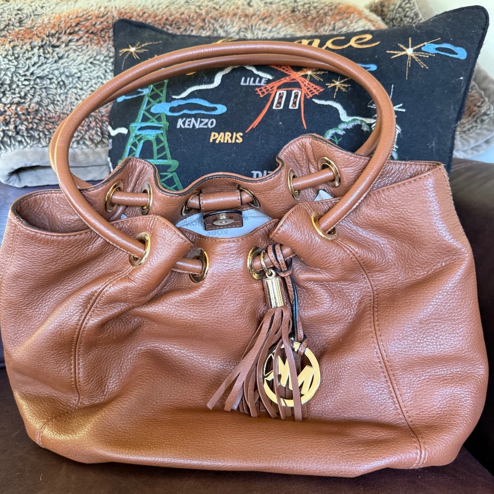 Michael Kors Brown Astor Large Ring Tote Bag Hobo Pebbled Leather